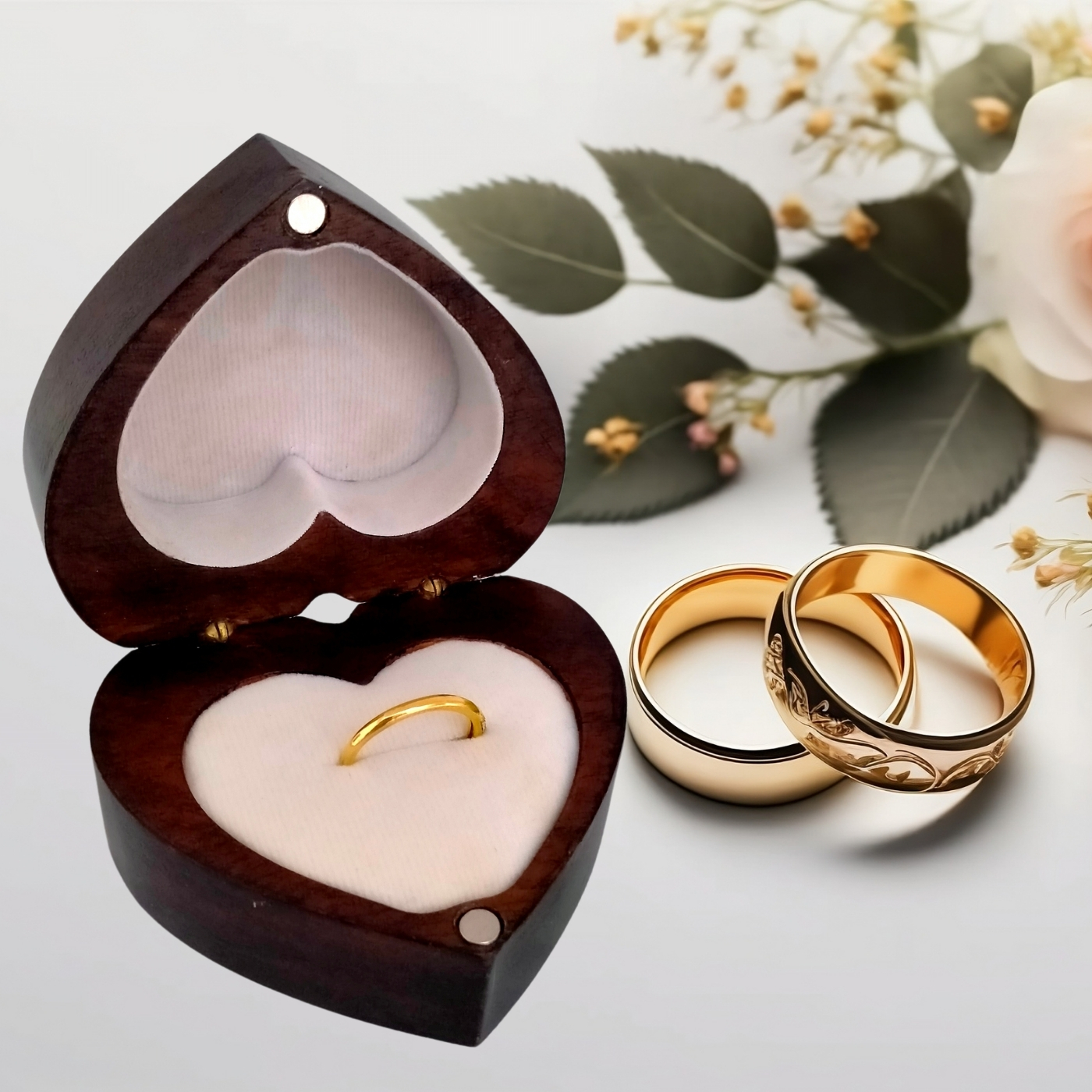 Mahogany Ring Box with White Velvet Inlay and Magnet Lock for Engagement and Wedding Rings