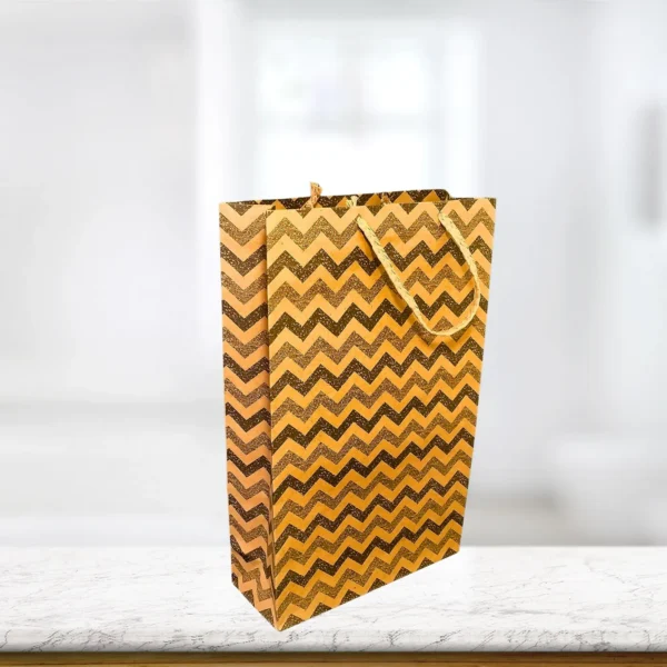A stylish paper bag featuring a brown and black chevron pattern