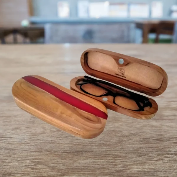 Teak Wood Eyeglasses Case with Epoxy Resin Stripe for Secure Eyewear Storage