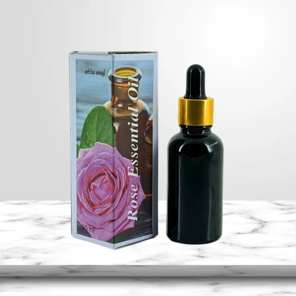 Rose essential oil 30ml in gold collar dropper bottle with printed cardboard box