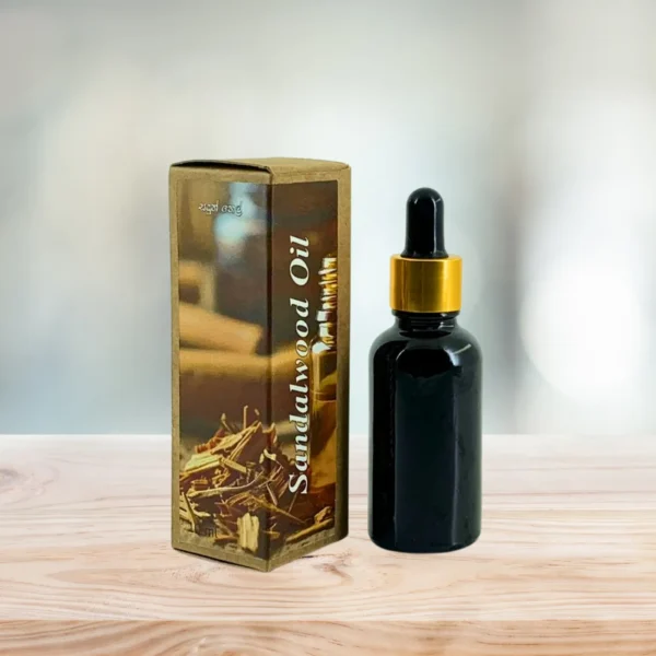 Sandalwood essential oil 30ml in gold collar dropper bottle with printed cardboard box