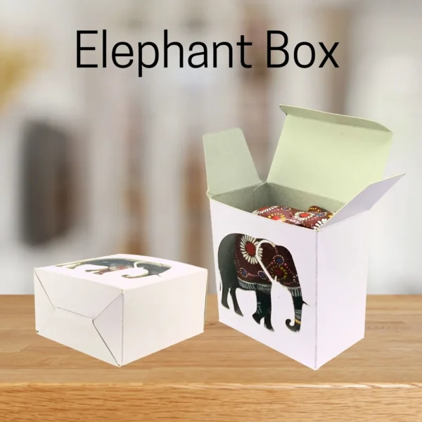 Elegant gift box with multicolor elephant design and informative text