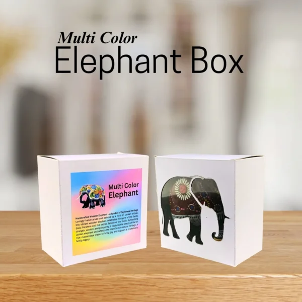 Elegant gift box with multicolor elephant design and informative text