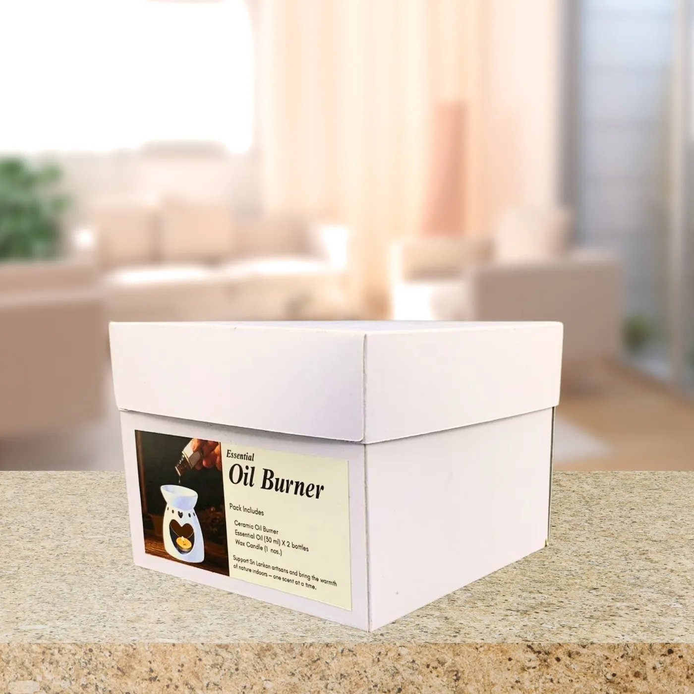 Ceramic Oil Burner Pack with essential oils and candle in a dual-layer safety box