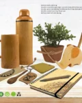 Ecofriendly corporate gift pack with bamboo bottle, mug, wooden notebook, elephant phone stand, and clay flower pot