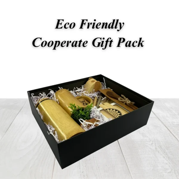 Ecofriendly corporate gift pack with bamboo bottle, mug, wooden notebook, elephant phone stand, and clay flower pot
