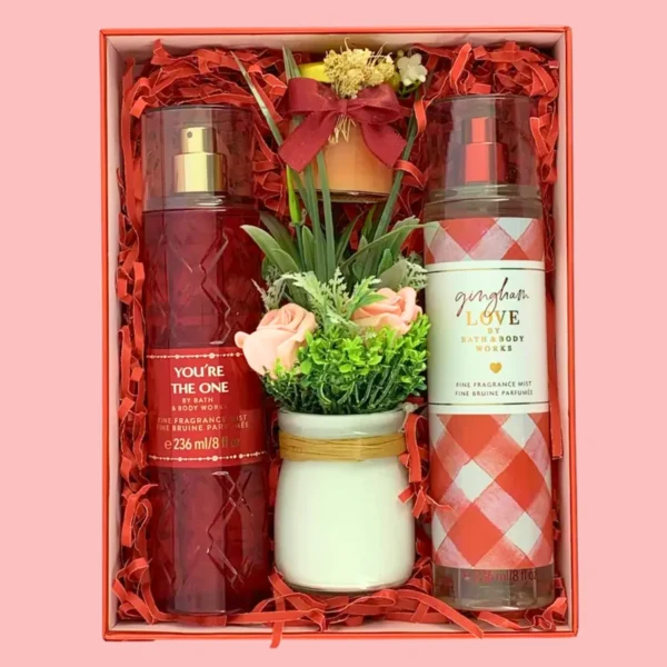 Romantic Gift Box with Bath & Body Works mists, floral pot, and candle – perfect gift for couples