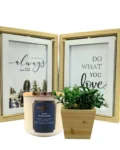White Gardenia Gift Box – candle, rotating photo frame, and artificial plant in a handcrafted rush basket