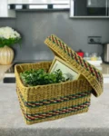 White Gardenia Gift Box – candle, rotating photo frame, and artificial plant in a handcrafted rush basket