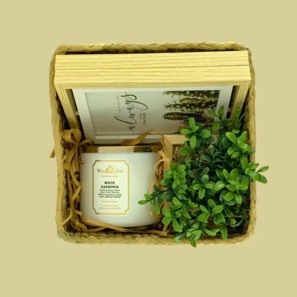 White Gardenia Gift Box – candle, rotating photo frame, and artificial plant in a handcrafted rush basket
