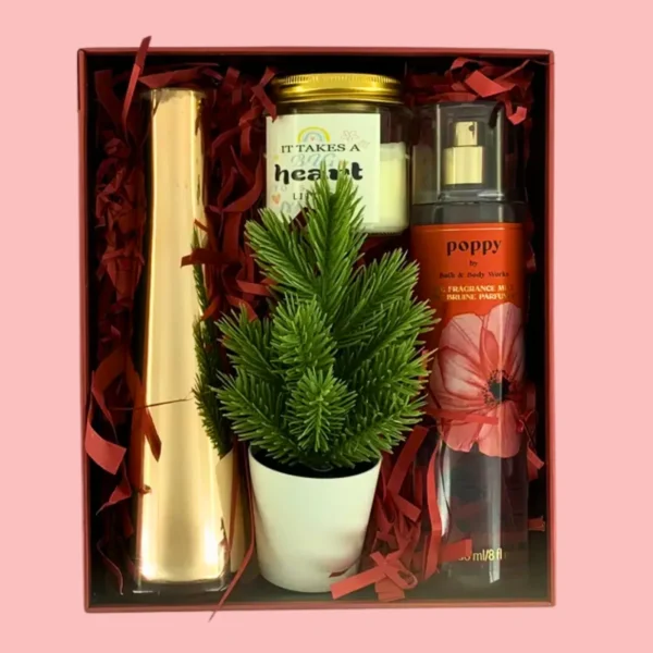 It Takes a Heart Gift Box with candle, Poppy mist, artificial plant, and gold vase – ideal gift for reconnecting with a friend