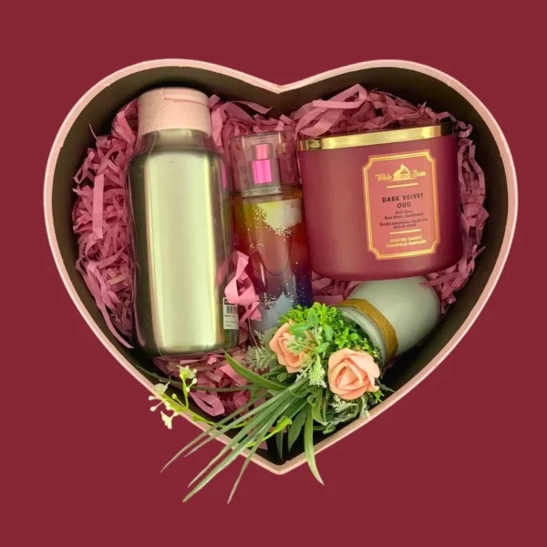 Surprise Her with Love Gift Box with candle, body mist, water bottle, and flowers in pink heart box
