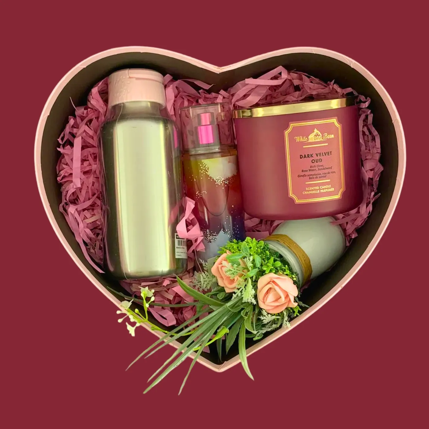 Surprise Her with Love Gift Box with candle, body mist, water bottle, and flowers in pink heart box