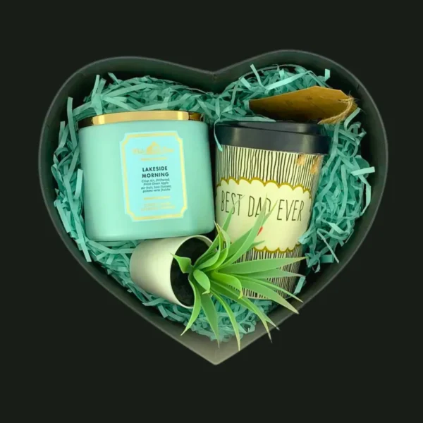 Best Dad Ever Gift Box with candle, mug, and faux plant in heart-shaped box