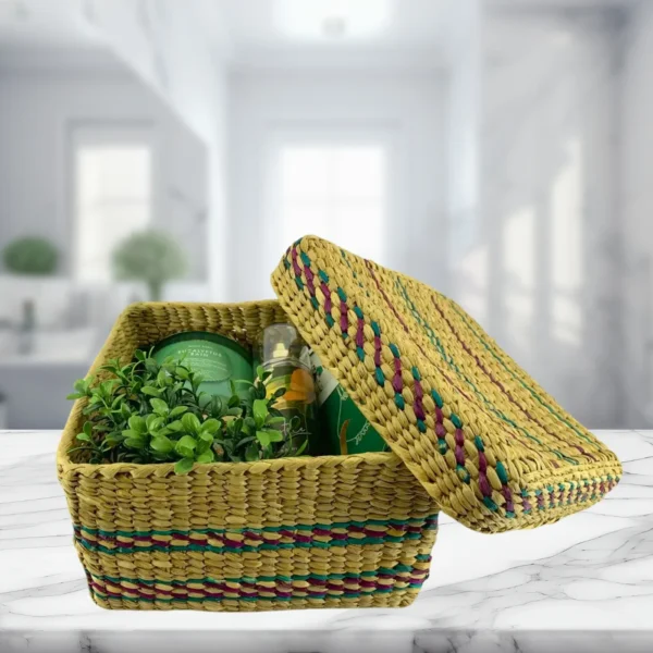 Eucalyptus Rain Eco Wellness Gift Basket with Candle, Spray, Apron, and Faux Plant