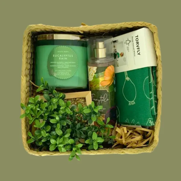 Eucalyptus Rain Eco Wellness Gift Basket with Candle, Spray, Apron, and Faux Plant