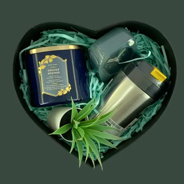 Sweater Weather Heart Gift Box with Candle, Travel Mug, Alarm Clock, and Plant