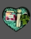 Heart-shaped gift box with candle, stainless steel water bottle, and potted plant – a thoughtful gift for a friend