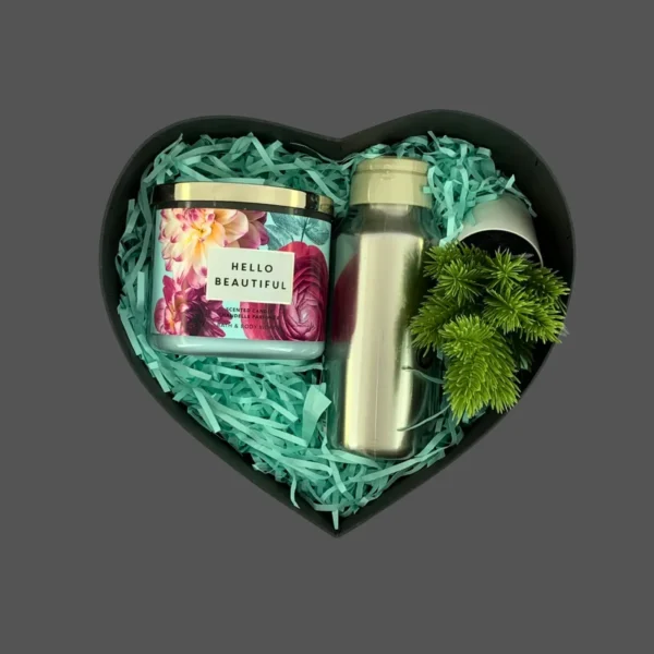 Heart-shaped gift box with candle, stainless steel water bottle, and potted plant – a thoughtful gift for a friend
