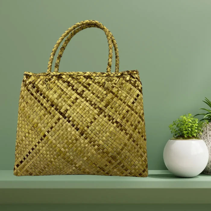 Checkered Natural Rush And Reed Market Bag - "Pan Malla" - Image 3
