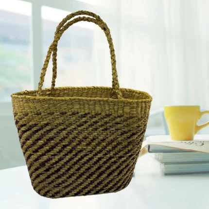 Woven Market Bag – Purple & Natural Rush & Reed Fibers