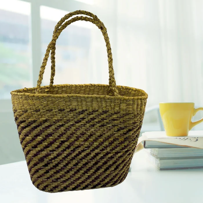 Woven Market Bag – Purple & Natural Rush & Reed Fibers - Image 1