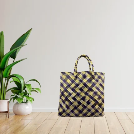 Purple Checkered Rush And Reed Market Bag