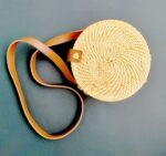 Round Natural Cane Hand Bag With Leather Strap - Image 4