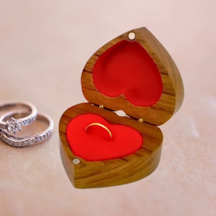 Teak Wood Heart-Shaped Ring Box with Magnet Lock - Image 1