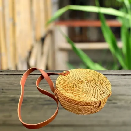Round Natural Cane Hand Bag With Leather Strap