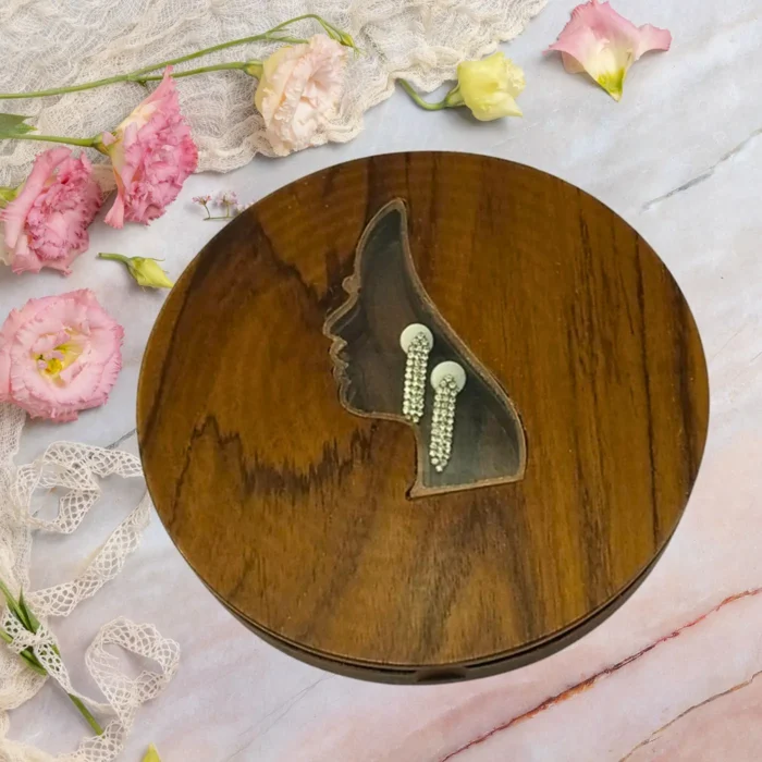 Teak Wood Jewelry Box with Woman Face Design - Image 1