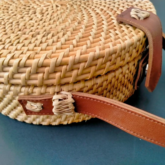 Round Natural Cane Hand Bag With Leather Strap - Image 6