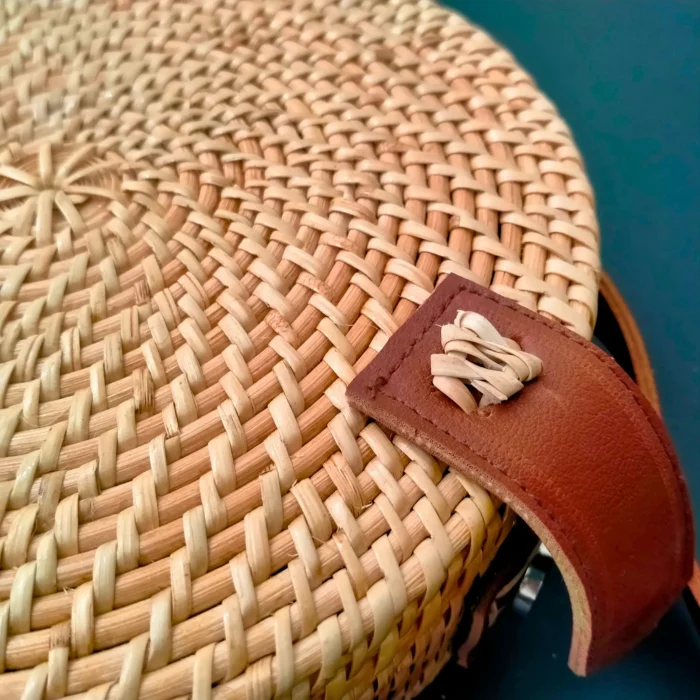 Round Natural Cane Hand Bag With Leather Strap - Image 7