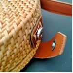 Round Natural Cane Hand Bag With Leather Strap - Image 5