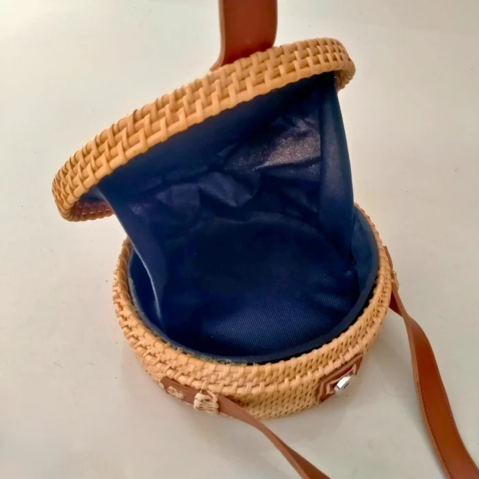 Round Natural Cane Hand Bag With Leather Strap - Image 3