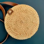 Round Natural Cane Hand Bag With Leather Strap - Image 2