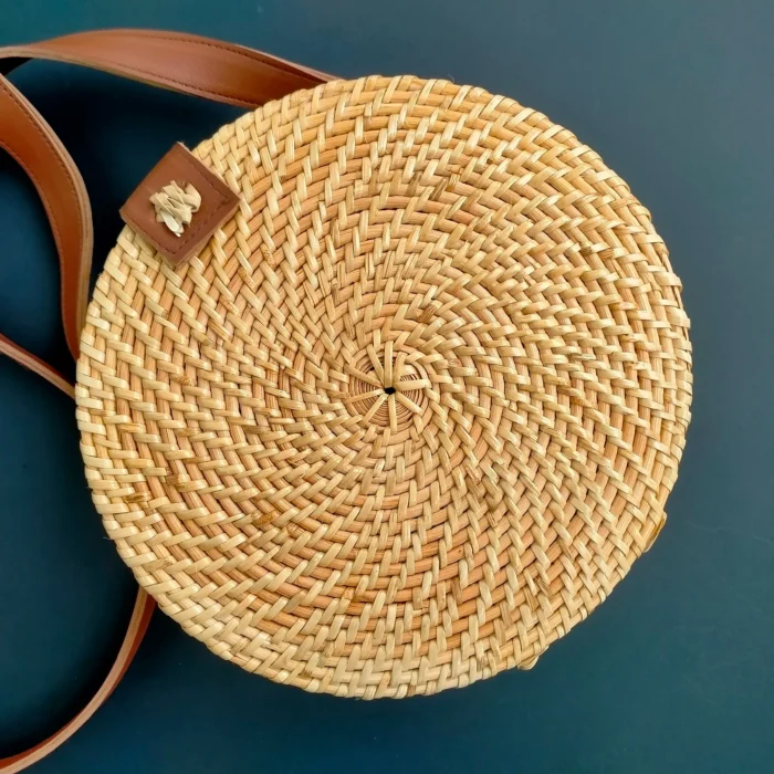 Round Natural Cane Hand Bag With Leather Strap - Image 2