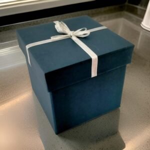 Dark Blue Gift Box with silver ribbon bow, elegant handmade packaging