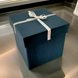 Dark Blue Gift Box with silver ribbon bow, elegant handmade packaging