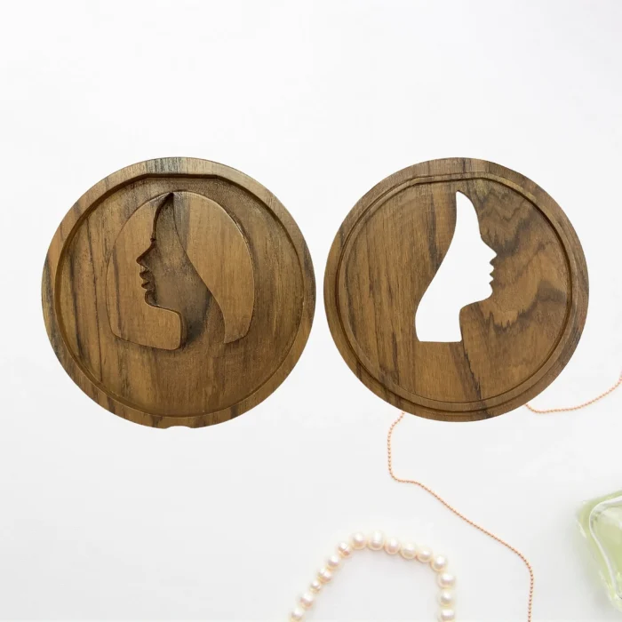 Teak Wood Jewelry Box with Woman Face Design - Image 4