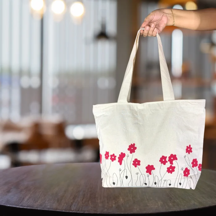 Red Floral Tote Bag With Zip – Simple & Stylish - Image 1