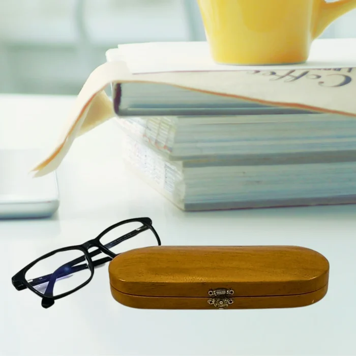 Elegant Teak Wood Eyeglasses Case – With Brass Lock & Cork Inlay - Image 3