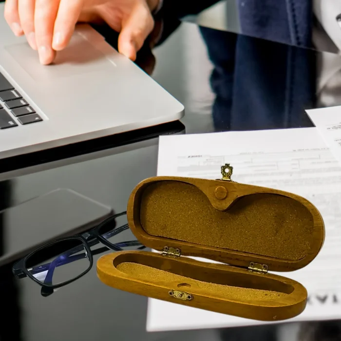 Elegant Teak Wood Eyeglasses Case – With Brass Lock & Cork Inlay - Image 5