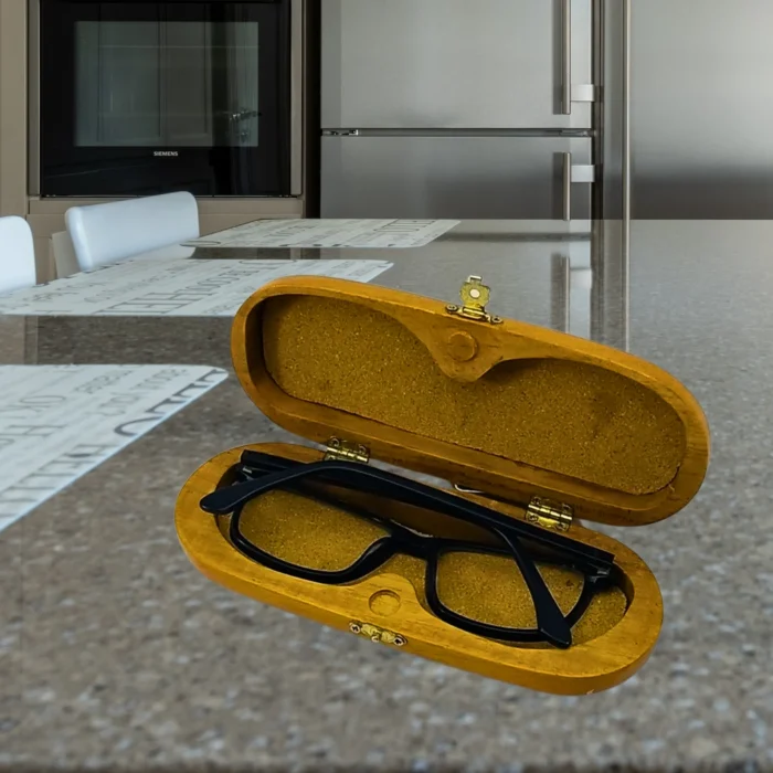 Elegant Teak Wood Eyeglasses Case – With Brass Lock & Cork Inlay - Image 1