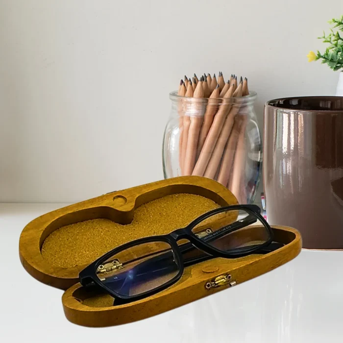 Elegant Teak Wood Eyeglasses Case – With Brass Lock & Cork Inlay - Image 4
