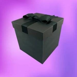 Black matte gift box with black ribbon bow, elegant handmade packaging