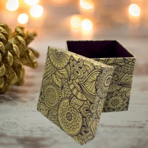 Purple damask patterned gift box with brown interior