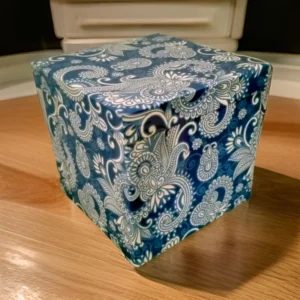 Blue and brown paisley patterned gift box with kraft interior