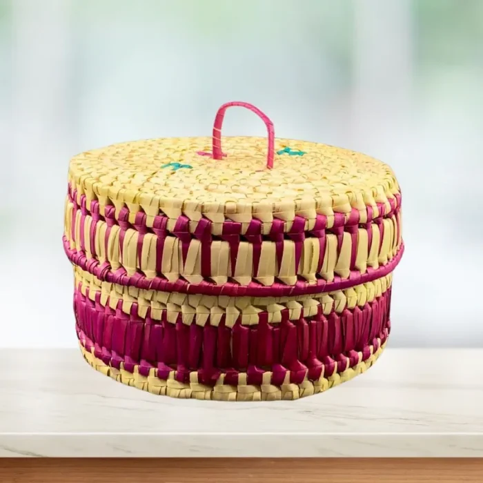 Palmyra Basket With Lid - Magenta Colour Kavili Basket  10" dia. x 6" - Image 2