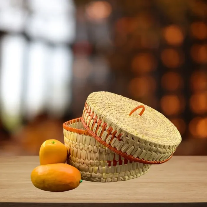 Palmyra Basket With Lid- Orange Colour Kavili Basket  10dia. x6 Inch - Image 2
